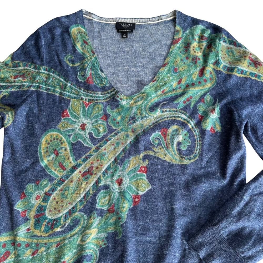Talbots Petites Blue Paisley Floral V-Neck 100% Italian Merino‎ Wool Sweater M